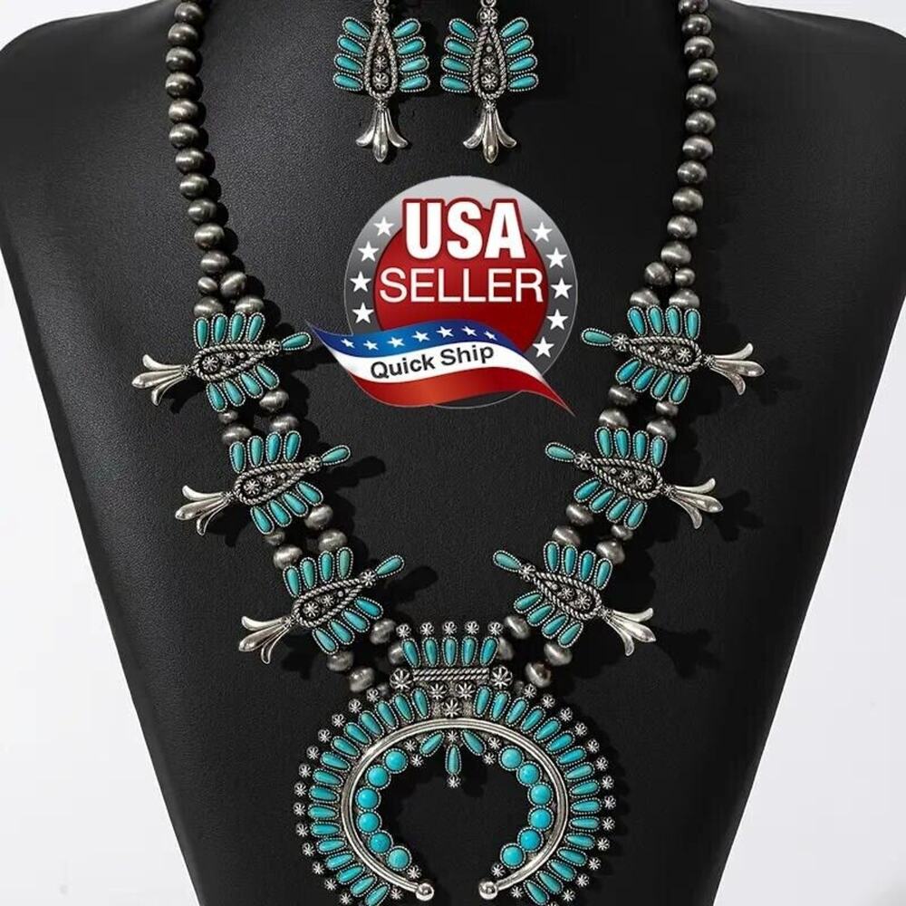 Squash Blossom Necklace & Earrings Set Faux Turquoise Native American Style